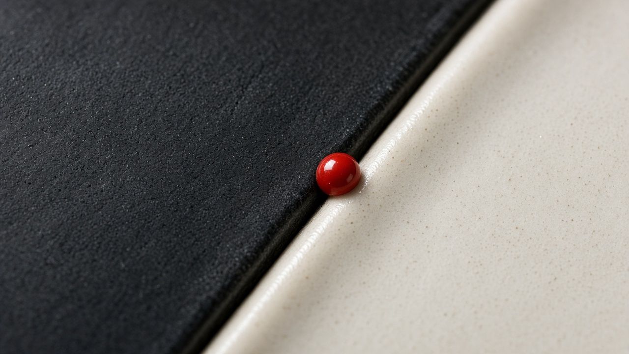 A red bead of glaze resting in the seam between black stone and bone ceramic